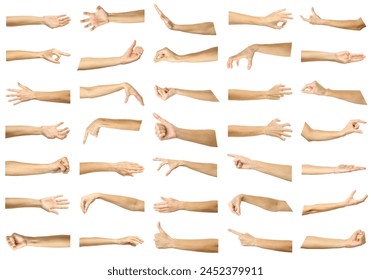 Multiple images set of female caucasian hand gestures isolated over white background Stock fotografie