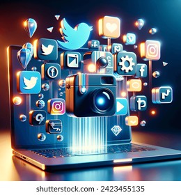 Neon 3D image of laptop social media ad buying on platforms flying facebook, instagram, twitter, linkedin, tiktok & snapchat