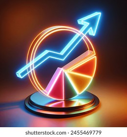 Neon 3D image of pie chart can show the increase of profits, arrow up; clear background