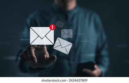 New email notification concept. Man touching email virtual. Business send e-mail communication, internet technology, Inbox receiving message alert, electronic mail spam, Phishing and Scam mail, junk, Stockfotó