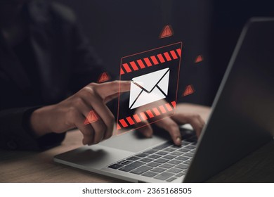 New email spam notification alert with warning caution. Cyber security on internet letter security protect, junk and trash mail and compromised information. Stockfotó