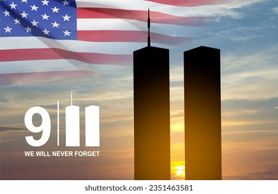New York skyline silhouette with Twin Towers and against the sunset. 09.11.2001 American Patriot Day banner Stock fotografie