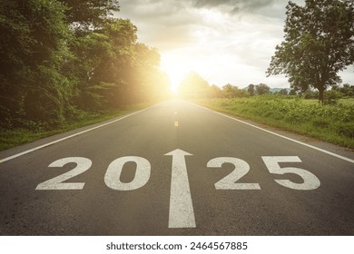 New year 2025 or straightforward concept. Text 2025 written on the road in the middle of asphalt road at sunset. Concept of planning , challenge, business strategy, opportunity ,hope, new life change. 库存照片