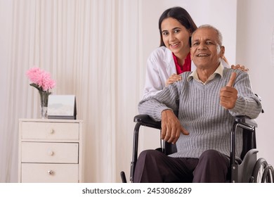 Nurse moving senior man sitting on wheel chair स्टॉक फ़ोटो