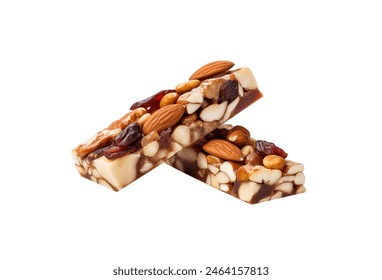 Nut and fruit bar filled with almonds, peanuts, walnuts, and dried cranberries isolated Stock-foto