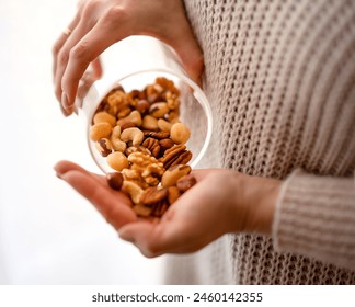 Nuts spilling from jar in woman's hand. Close-up of a woman's hand taking nuts from a glass jar, fotografie de stoc