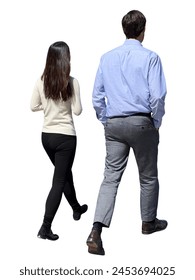 Office workers are walking down the street on their break from work. Back view of a couple in business clothes. A businessman and his wife are walking widely. Cutout Entrepreneurs for 3d render, ads – Ảnh có sẵn