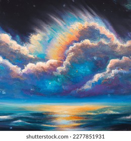 Oil painting artistic image of floating sea waves in the clouded sky with rainbow colours of universe and glow stars
