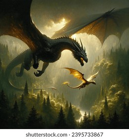 Oil painting artistic image of a large male black aggressive dragon flying over a foggy lush green forrest flying next to a baby shiny glowing golden dragon fantasy