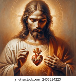 Oil painting artistic image of sacred heart of jesus christ