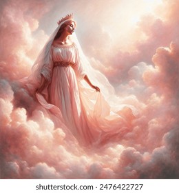 Oil painting artistic image of virgin mary as queen of heaven. beautiful. pink clouds and light. she wears a white veil, a pink dress, and a gold crown. ethereal and beautiful.