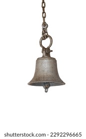 Old bronze bell in India temple isolated on white background, Temple brass bell hanging in gold color Stock Photo