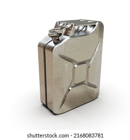 Old Used Aluminium Fuel Tank for Transporting and Storing Petrol, Vintage 20L Fuel Can Jerrycan Isolated on a White Background, Old-Fashioned Gasoline Canisters, Motor Oil or Fuel Concept Stock Photo