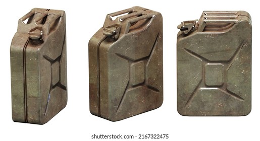 Old Metal Fuel Tank for Transporting and Storing Petrol, Rusty Vintage 20L Fuel Can Jerrycan Isolated on a White Background, Old-Fashioned Rusty Military Gasoline Canisters, Motor Oil or Fuel Concept Stock Photo