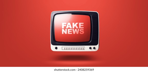 偽のニュースと偽の情報を放送する古いビンテージテレビの写真素材