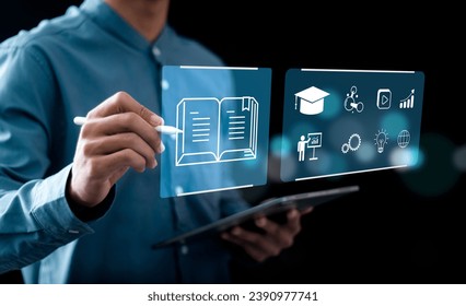 online education concept, Businessman touching E-learning education icons for internet lessons and online webinar. Education internet technology. Adlı Stok Fotoğraf