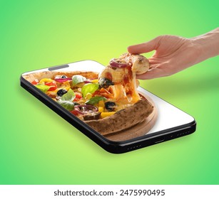 Online food ordering. Woman taking slice of pizza from smartphone screen on green background, closeup 库存照片