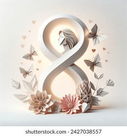 Origami 3D image of 8 march international women's day. white  background. figure eight infinity sign. woman silhouette. hearth. infinity sign. flowers and butterfly.