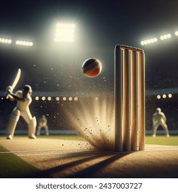 Outdoor photo of cricket stadium ball hitting wicket