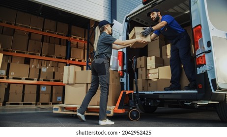 Outside of Logistics Distributions Warehouse: Diverse Team of Workers use Hand Truck Loading Delivery Van with Cardboard Boxes, Online Orders,  E-Commerce Purchases. Stockfoto
