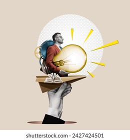 Paper plane with a businessman and a large light bulb. Art collage. Foto Stock