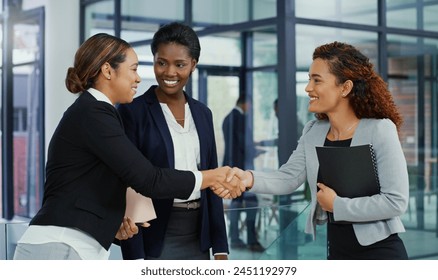 Partners, handshake and agree on plan for welcome, deal and thank you for merger at finance firm. Business people, greeting and b2b for support in office, b2b and hiring or onboarding for business Arkistovalokuva