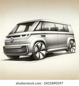 Pencil sketch artistic image of modern volkswagen commercial vehicles id. buzz karosserie skizze 