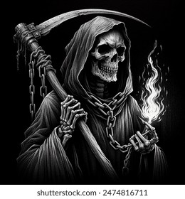 Pencil sketch artistic image of grim reaper with flame and chain on black background without hand draw