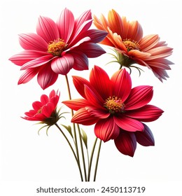 Photorealistic bouquet of three colorful wild flowers on long tall stems on a white background