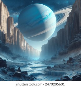 Photo-realistic picture the surface of uranus`s moon Miranda from the bottom of a very deep grand canyon  
The canon wall are partly made of an iced mountain landscape, partly made by stone mountains, the bottom of the canyons is made of ice glacier 
in