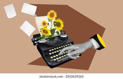 Стоковая фотография: Photo collage of arms typing machine with sunflowers