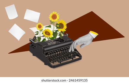 Photo collage of arms typing machine with sunflowers