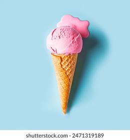 Pink ice cream melting and spilling in waffle cone on pastel blue background. Minimal trendy creative summer food concept. Melted scoop of strawberry icecream, copy space. 库存照片