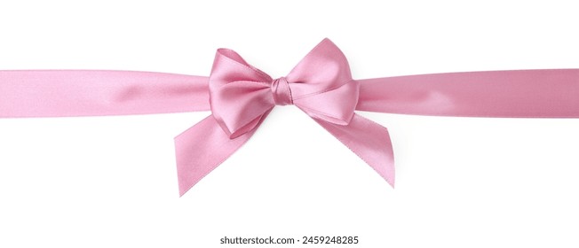 Cinta de satén rosa con lazo sobre fondo blanco, vista superior Foto de stock