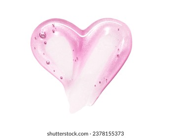 白い背景にハートの形のピンクの輝くリップグロスのテクスチャー、テクスチャストローク。化粧品スミアの汚れ見本の写真素材