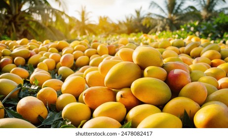 A picture of Beautiful Ripe Yellow Mangoes lying on the ground with a Beautiful Background and Morning Sun rays. 库存照片