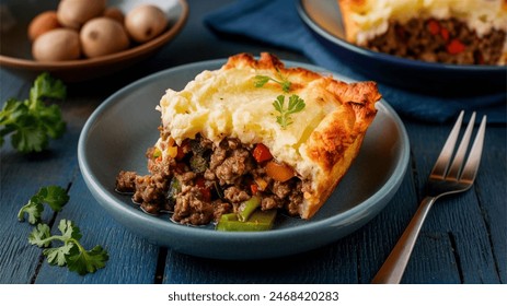 Shepherd’s Pie - Ground meat with vegetables, topped with mashed potatoes, baked.
 库存照片