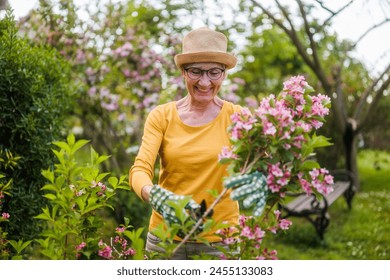 Portrait d'une femme âgée heureuse jardinant. Elle taille des fleurs. : photo de stock