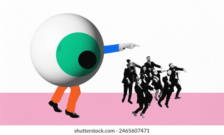 Poster. Contemporary art collage. Man with body made of eyes points to crowd of people in black and white filter in which direction to go. Concept of propaganda, manipulation, control. Ad Stock-foto