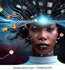  powerful picture of emotional intelligence represented by brain picture inside a head of a futuristic half android afro black woman 