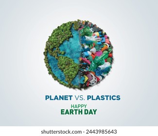 Planet vs. Plastics , Earth day 2024 concept 3d tree background. Ecology concept. Design with globe map drawing and leaves isolated on white background.  Stock Photo