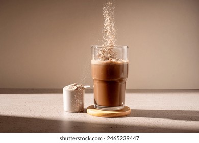 Стоковая фотография: Protein shake and chocolate protein powder in a scoop, food supplement