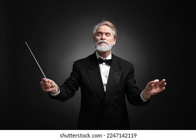 Professional conductor with baton on black background Stockfoto