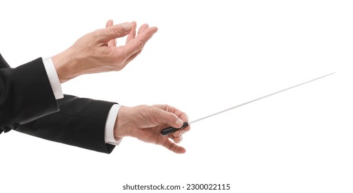 Professional conductor with baton on white background, closeup Stockfoto