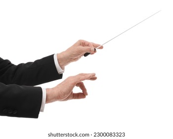 Professional conductor with baton on white background, closeup Stockfoto