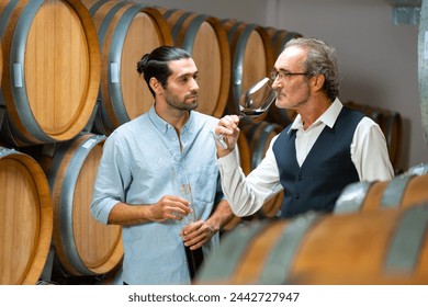 Professional Caucasian man sommelier tasting and sniffing red wine in wooden barrel at traditional wine cellar. Winery, brewery, liquor shop, wine factory manufacturing industry and winemaker concept. – Ảnh có sẵn