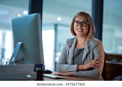 Professional, lawyer or woman in portrait with computer, case research and confidence with smile. Office, female attorney and desktop for corporate firm, legal service and labor law employee at night Stockfoto