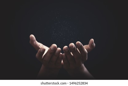 Praying hands with faith in religion and belief in God on blessing background. Power of hope or love and devotion. Stock Photo
