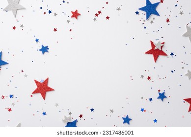 Public holiday in USA concept. High angle view photo of empty space surrounded by red, white and blue star-shaped confetti on white isolated background with copy-space Stock Photo