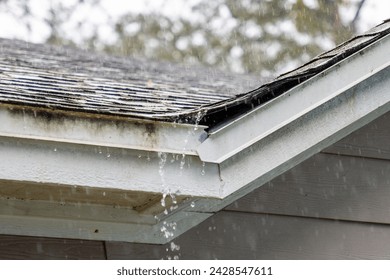 雨が家の屋根から跳ね上がり落ちるの写真素材